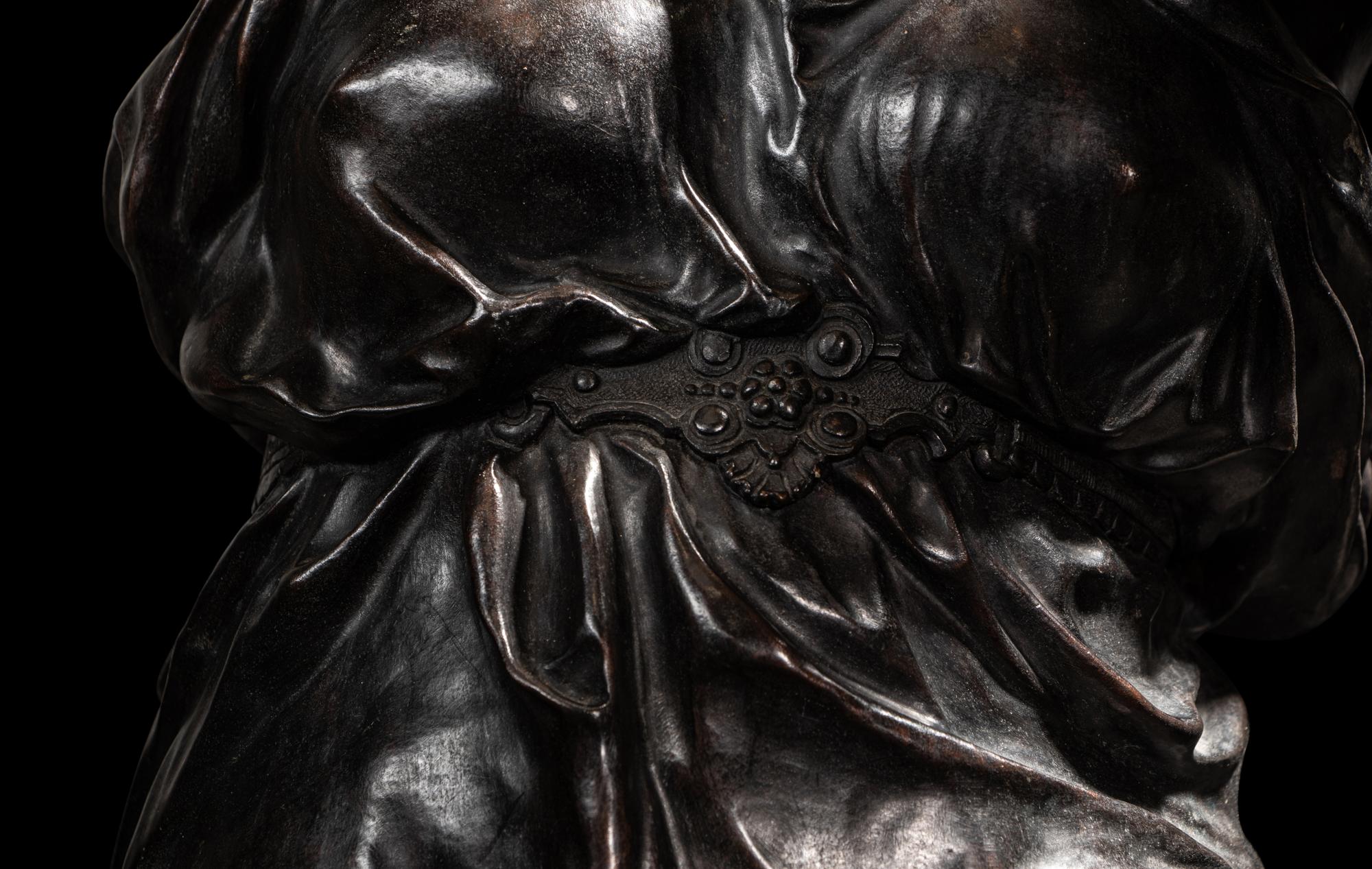 A Pair of Monumental Gilt and Patinated Bronze and Rouge Marble Figural Torchères