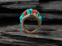 18K Gold Ring, with Red Mountain Turquoise and Japanese Coral Height Inlay