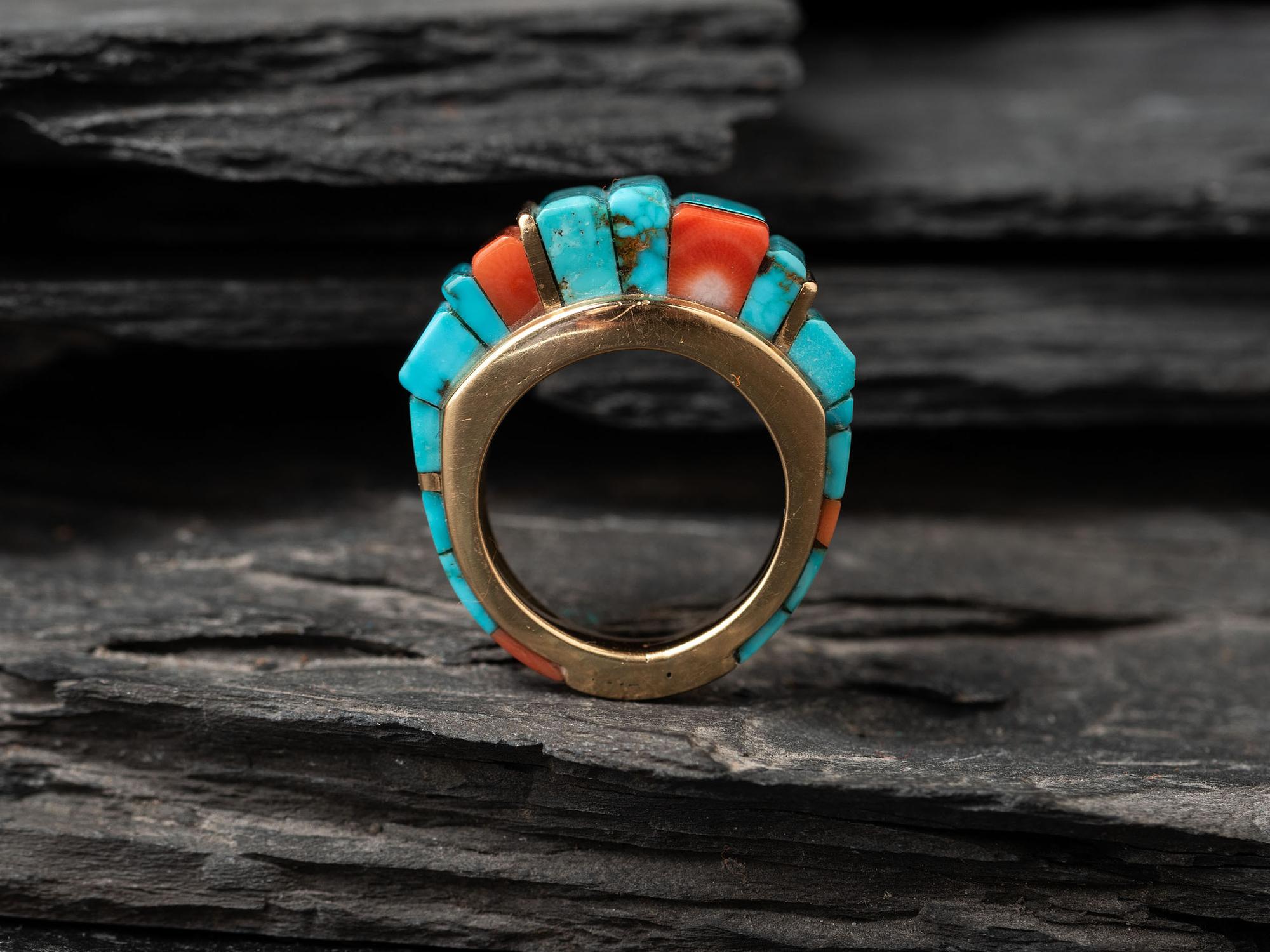 18K Gold Ring, with Red Mountain Turquoise and Japanese Coral Height Inlay