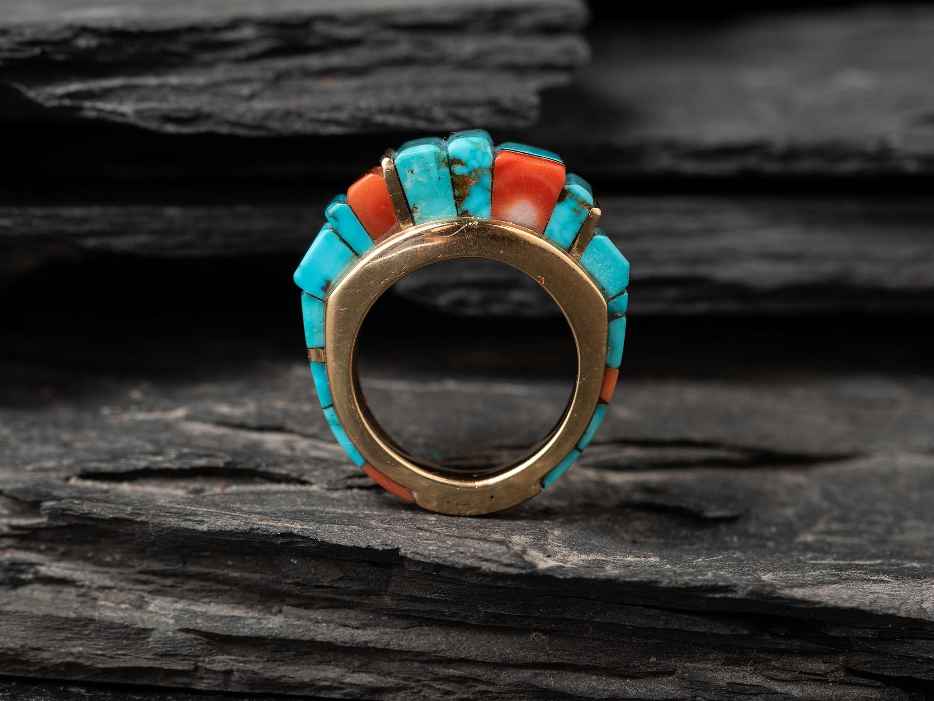 18K Gold Ring, with Red Mountain Turquoise and Japanese Coral Height Inlay
