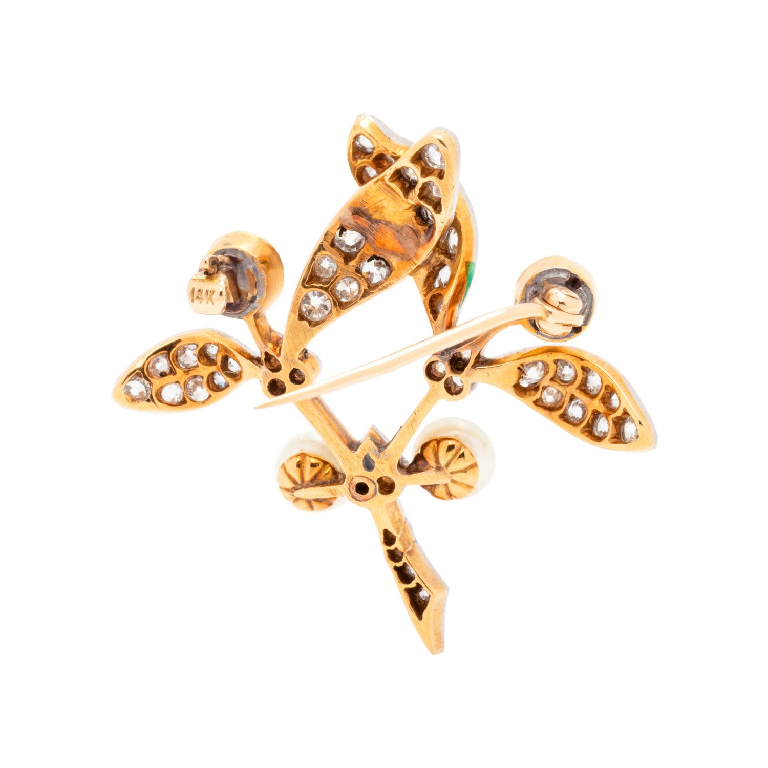 ANTIQUE, EMERALD, DIAMOND AND PEARL BROOCH