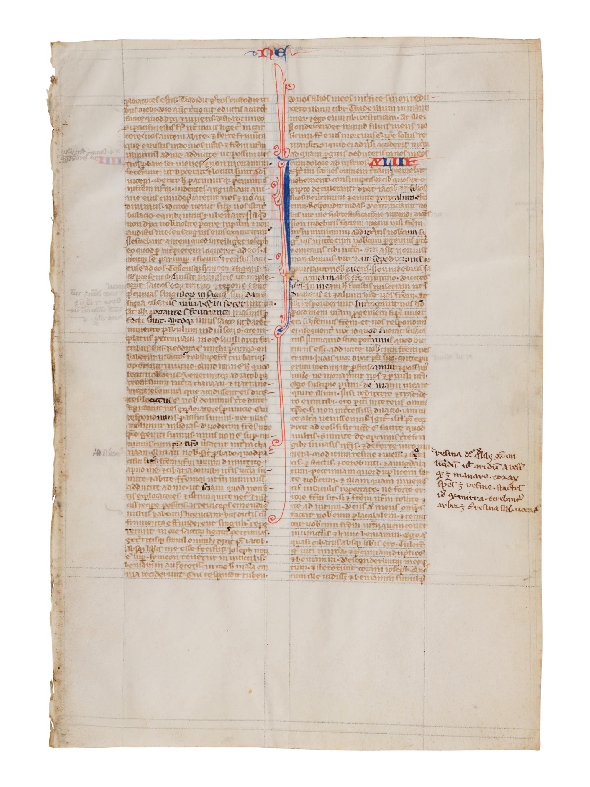 VIE DE SAINT DENIS ATELIER (active Paris, c. 1240-1260) Four leaves from a Bible, including one spectacular historiated initial ‘I’ of the Six Days of Creation and Christ Blessing, one historiated initial ‘D’ of David in Prayer, and one historiated initial D of Solomon with a rod, in Latin, illuminated manuscript on parchment [France, Paris, c. 1240-1260]