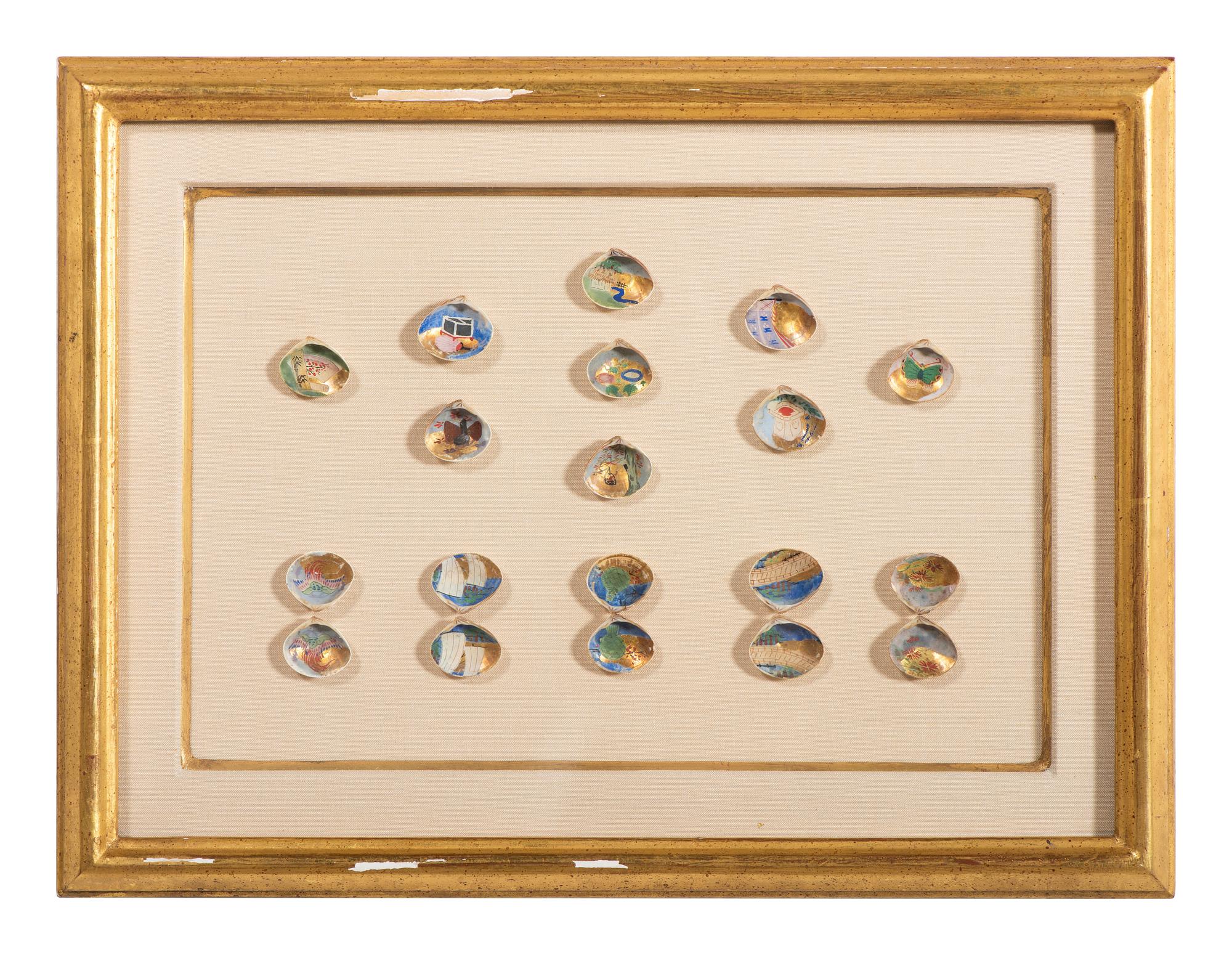 Nineteen Japanese Kai-awase Paint and Gilt Decorated Shell Game Pieces