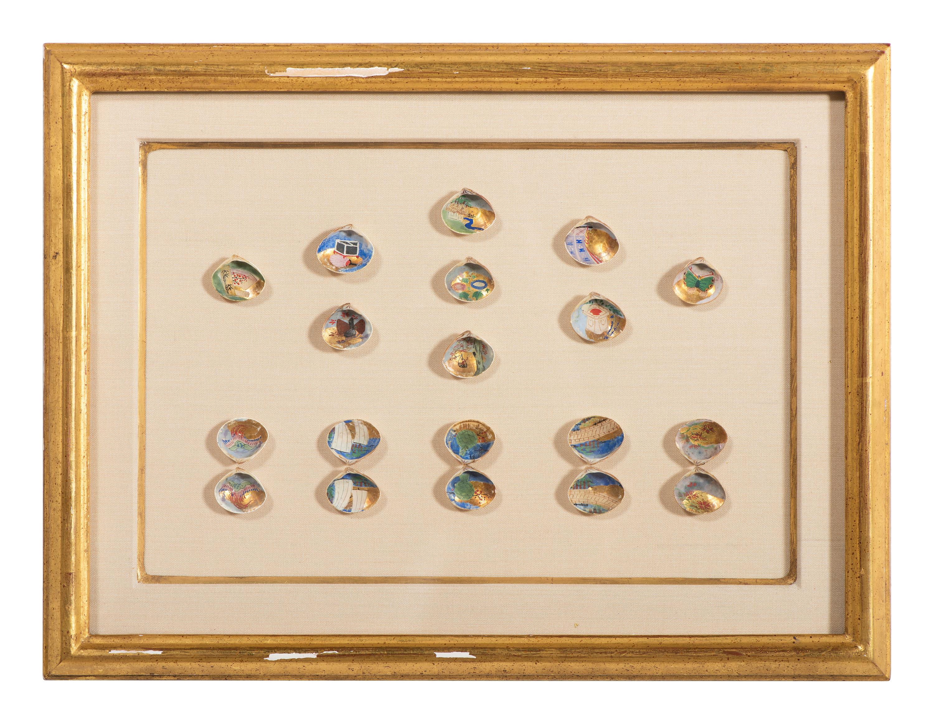 Nineteen Japanese Kai-awase Paint and Gilt Decorated Shell Game Pieces