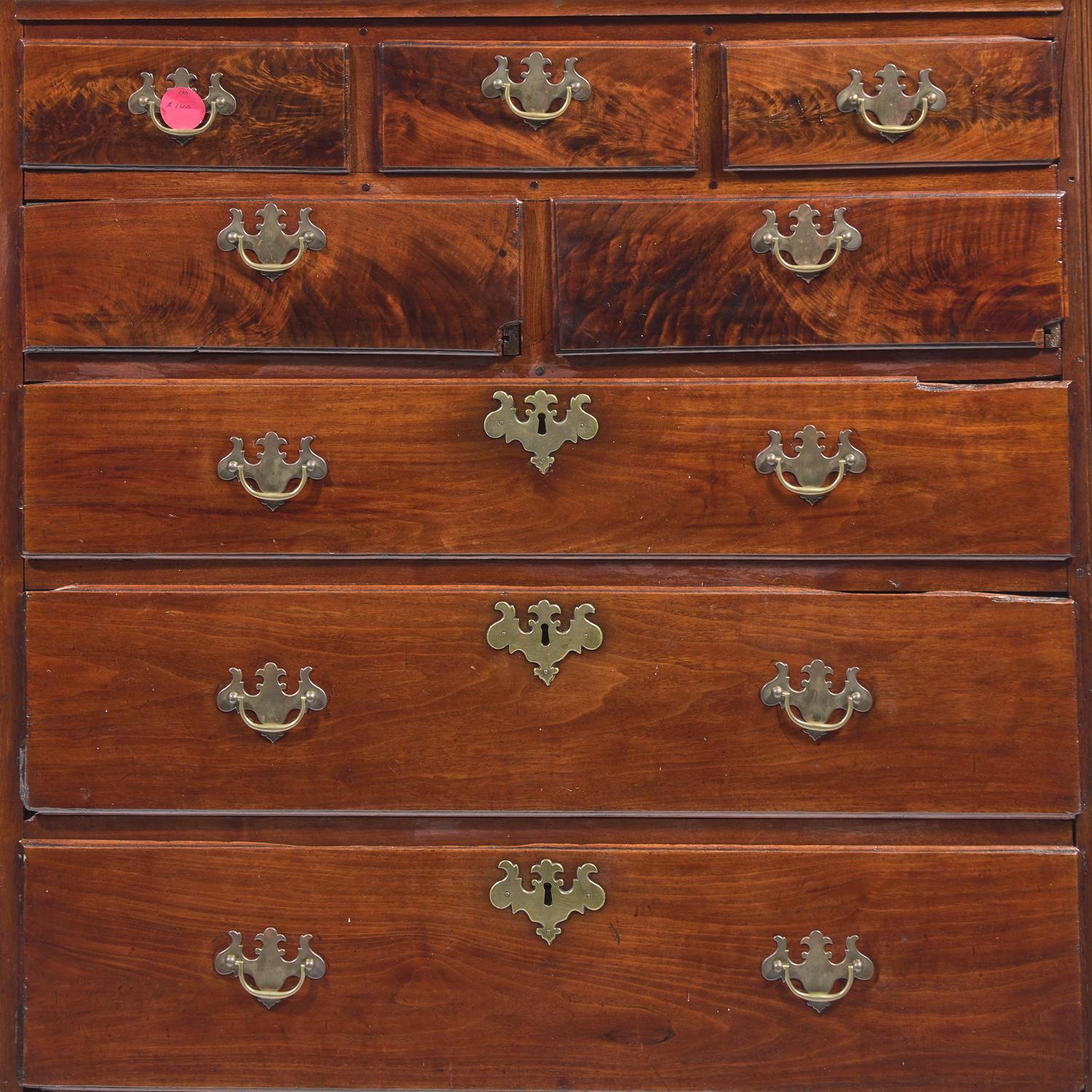 A Queen Anne Carved Walnut Tall Chest on Later Wood Frame