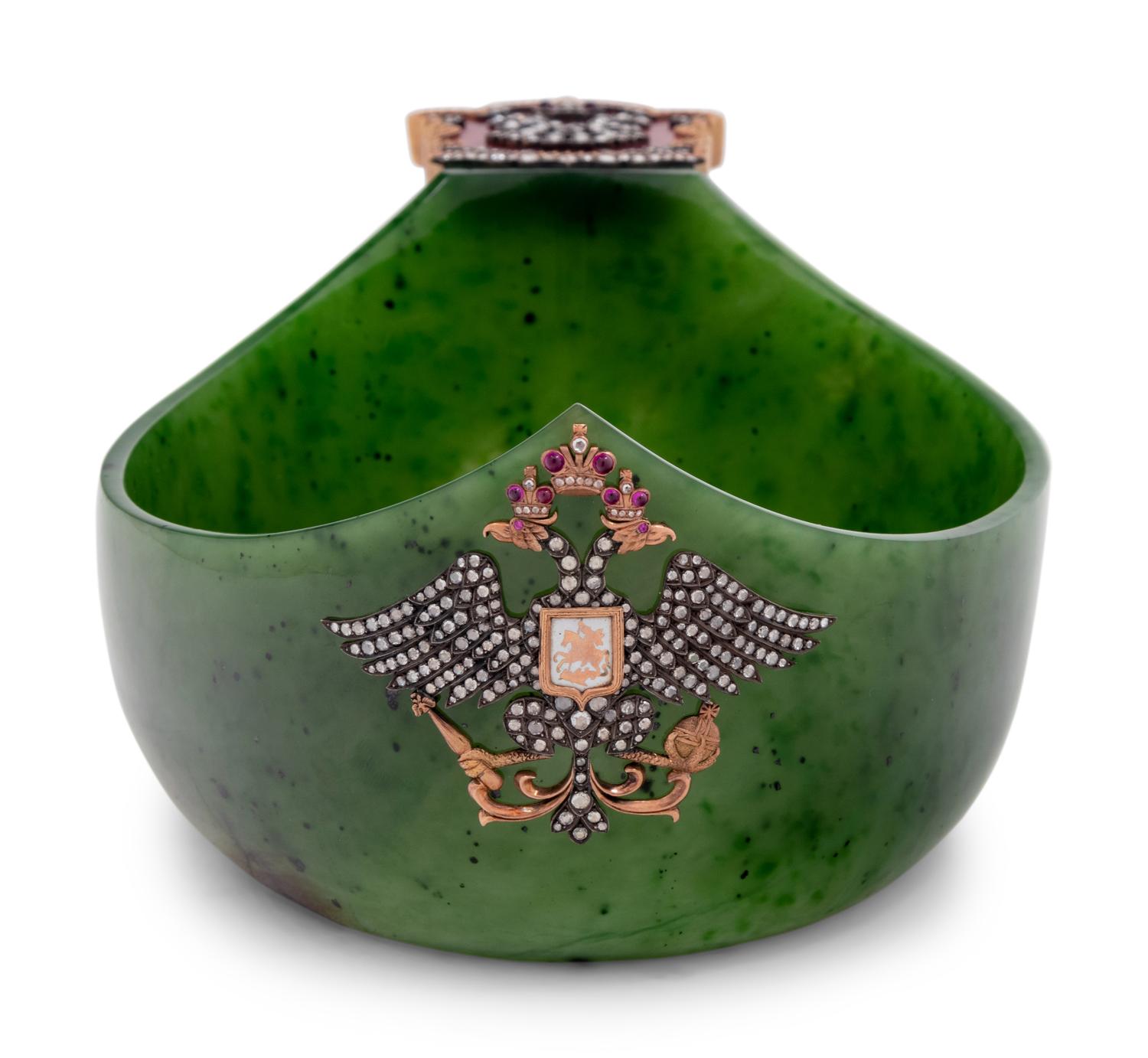 A Russian 14-Karat Gold, Enamel and Diamond Mounted Jade Kovsh