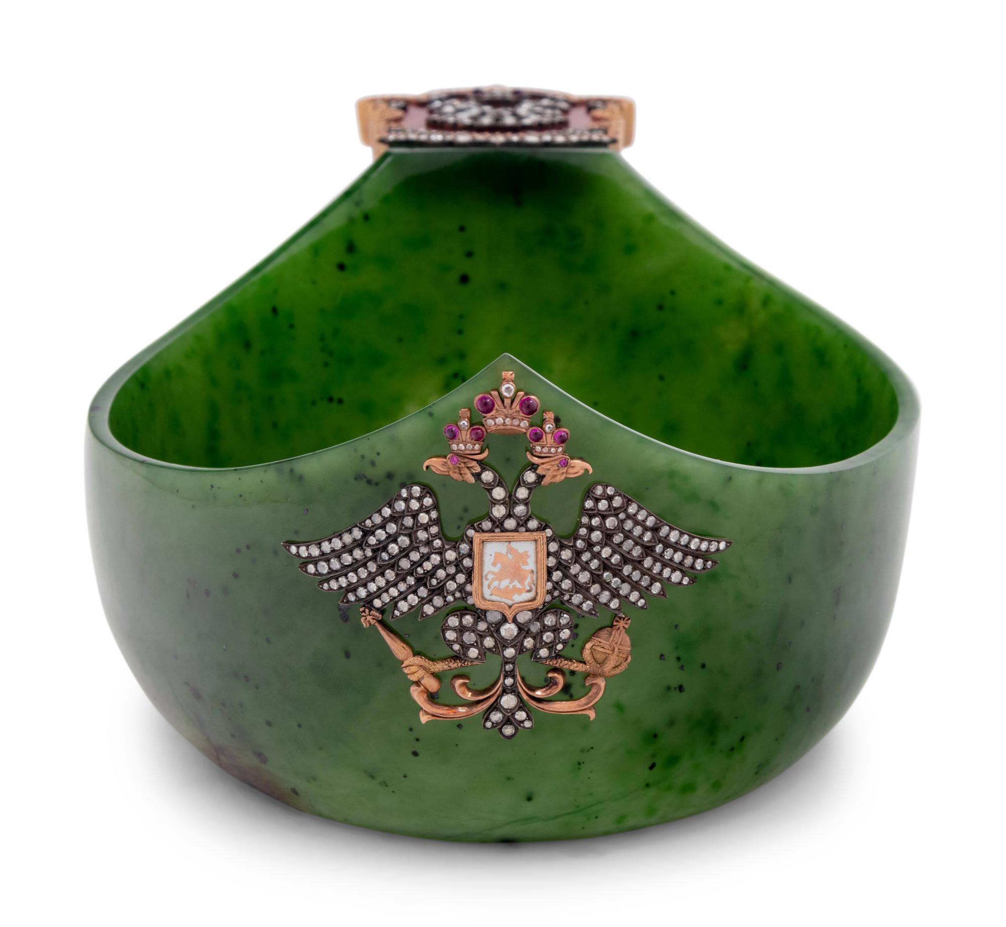 A Russian 14-Karat Gold, Enamel and Diamond Mounted Jade Kovsh