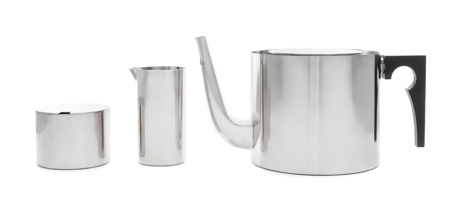 Arne Jacobsen (Danish, 1902-1971), Stelton, Denmark, 1967, Cylinda pattern tea service, comprising a teapot, creamer and covered sugar