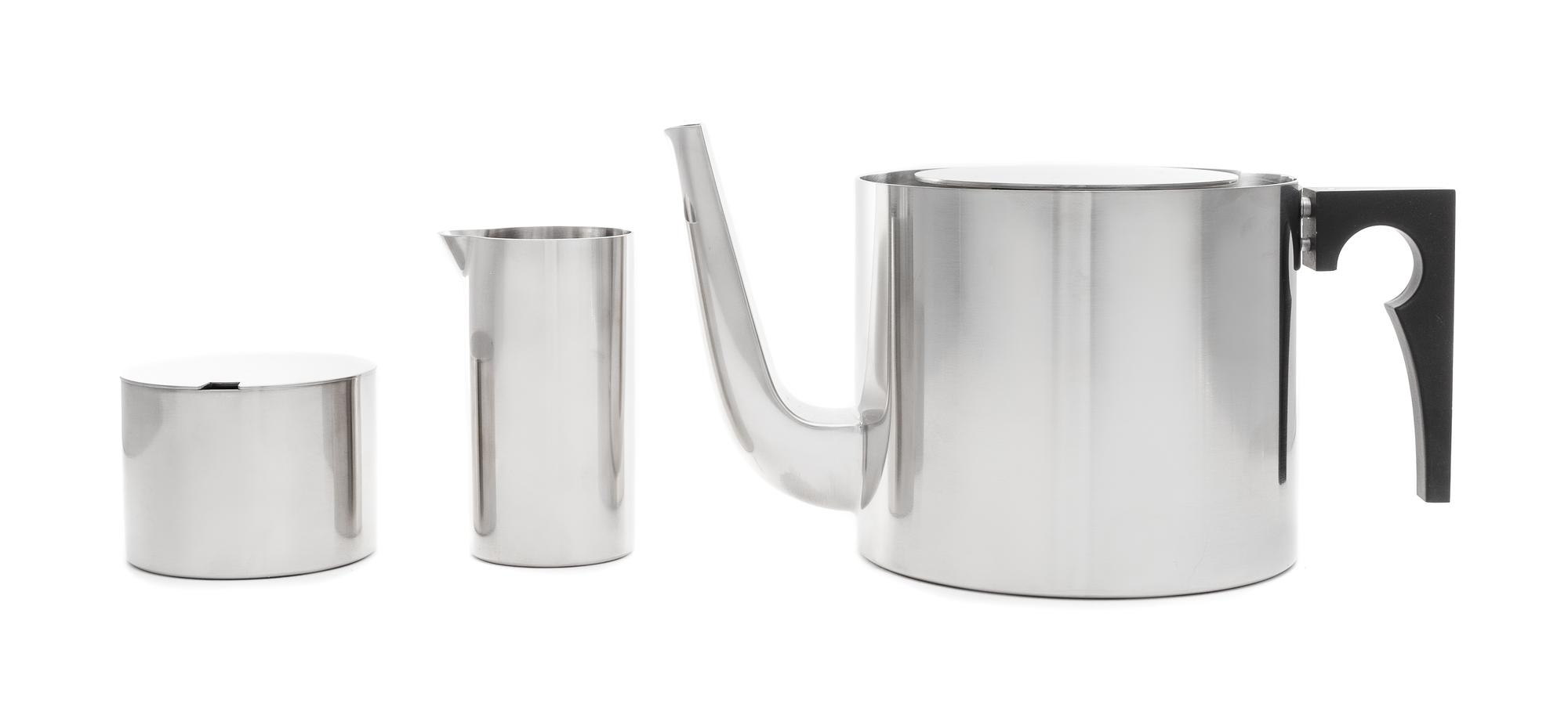 Arne Jacobsen (Danish, 1902-1971), Stelton, Denmark, 1967, Cylinda pattern tea service, comprising a teapot, creamer and covered sugar