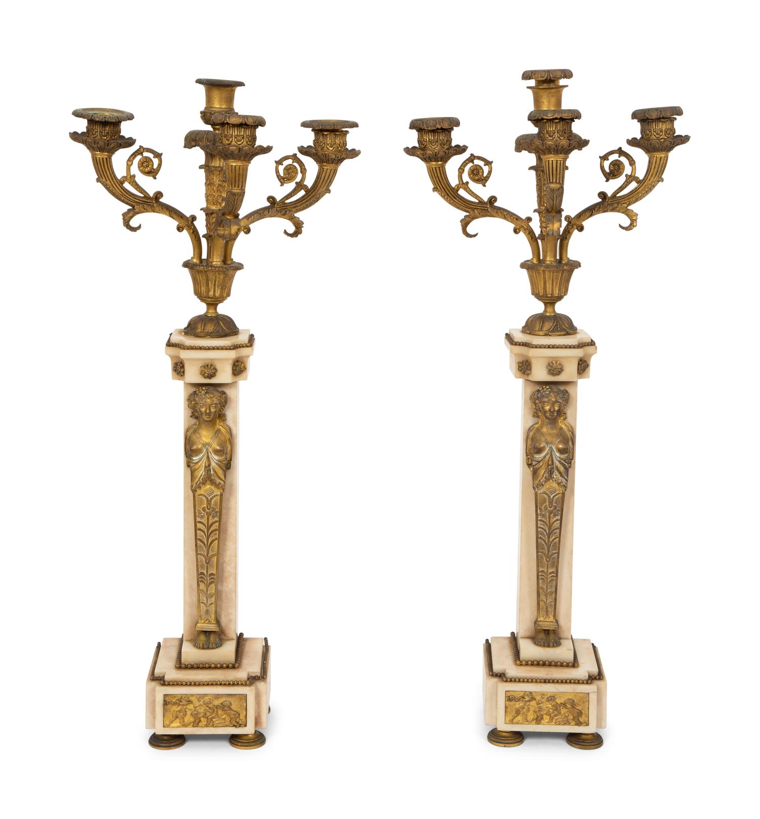 A Pair of Louis Philippe Gilt Metal and Marble Four-Light Candelabra
