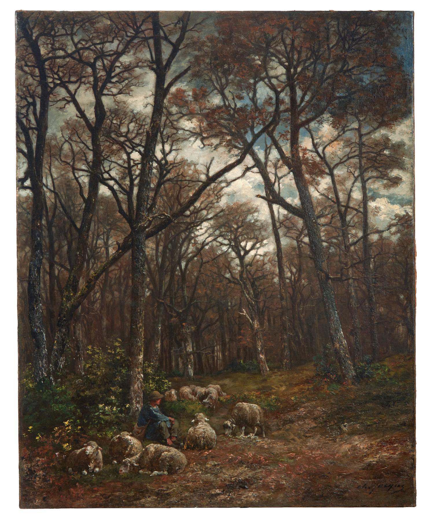 Shepherd and Flock in a Moonlit Forest