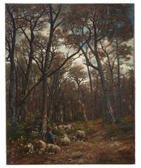 Shepherd and Flock in a Moonlit Forest