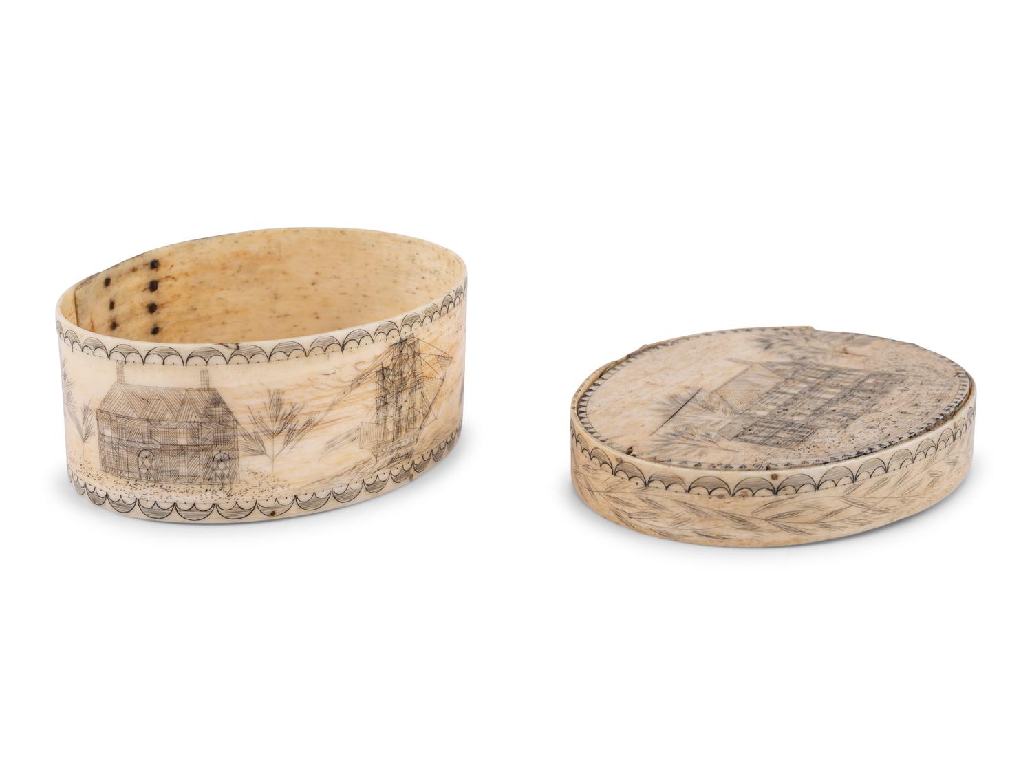 An Unusual Scrimshaw Panbone Oval Ditty Box With Engraved Surfaces and Panbone Bottom