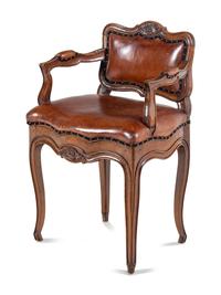 A Louis XV Leather-Upholstered Walnut Bureau Chair