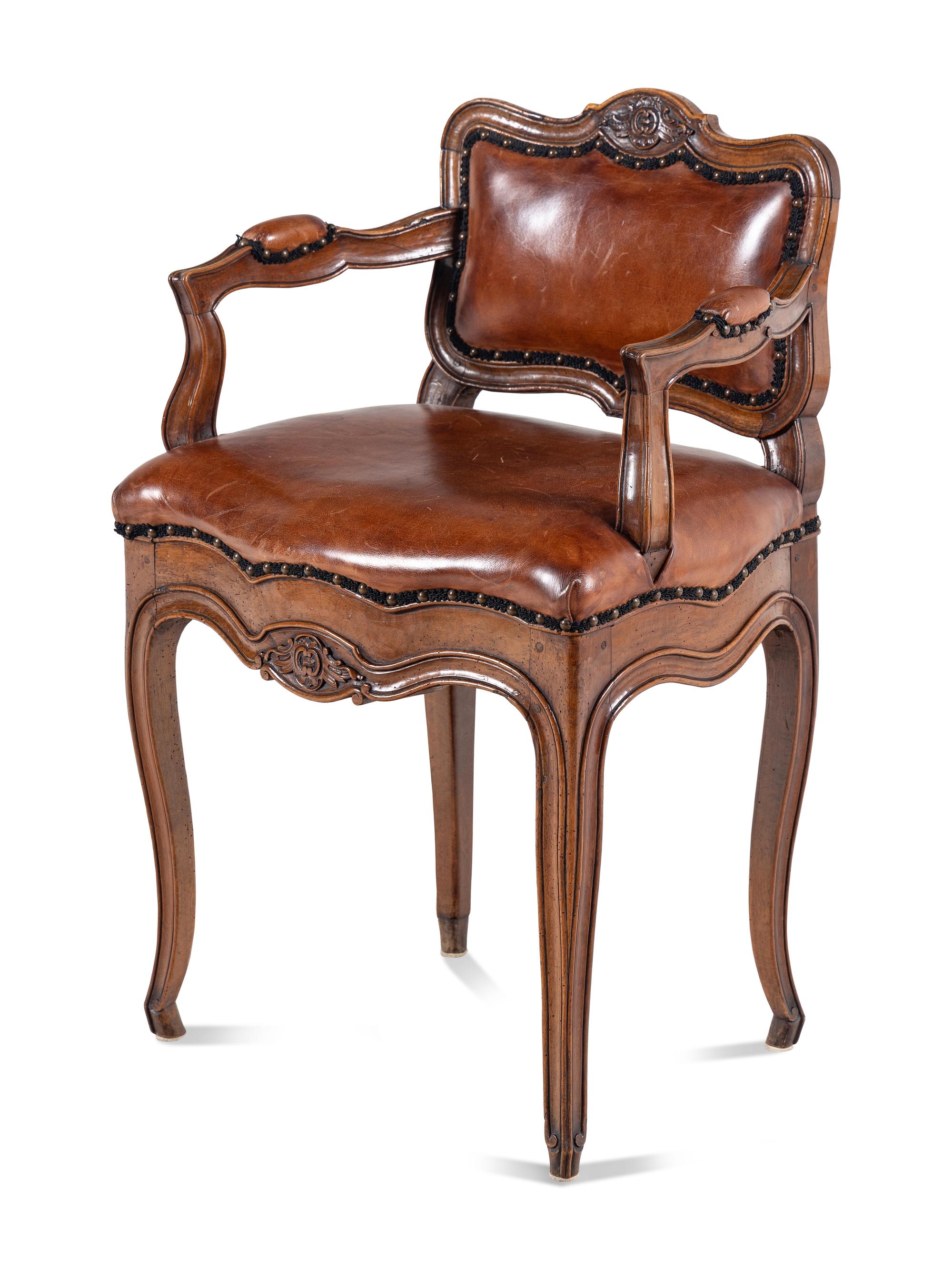 A Louis XV Leather-Upholstered Walnut Bureau Chair
