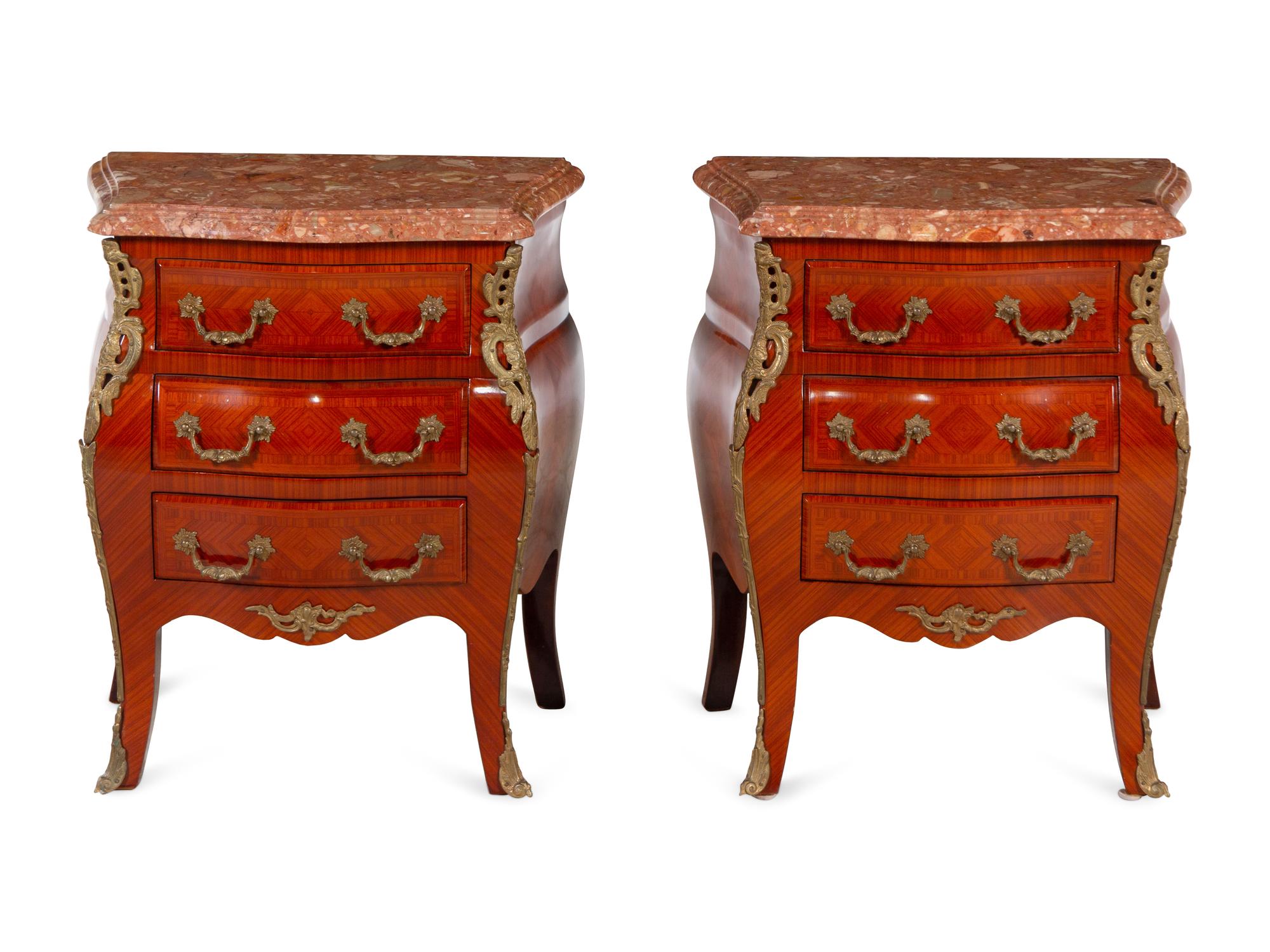 A Pair of Louis XV Style Gilt Metal Mounted Marble-Top Small Commodes