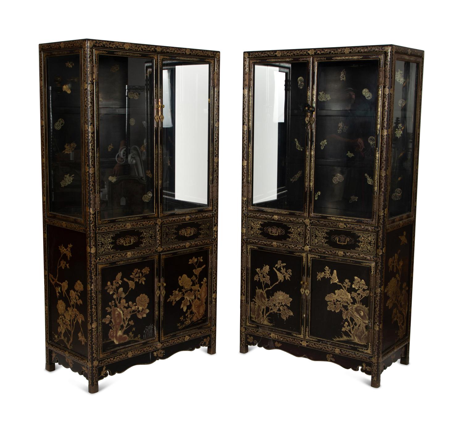 A Pair of Chinese Gilt Decorated Black Lacquer Vitrine Cabinets
