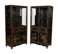 A Pair of Chinese Gilt Decorated Black Lacquer Vitrine Cabinets