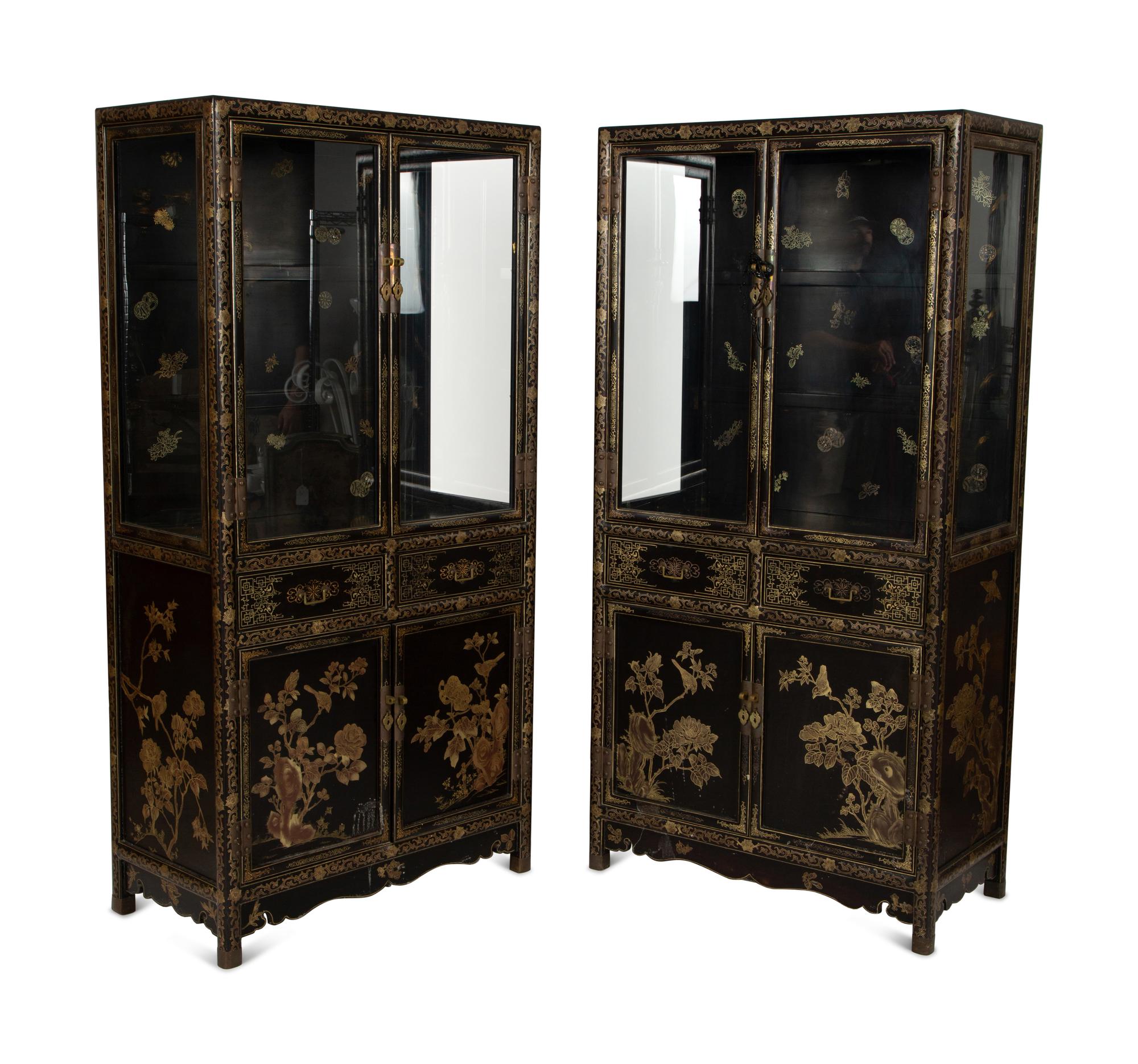 A Pair of Chinese Gilt Decorated Black Lacquer Vitrine Cabinets