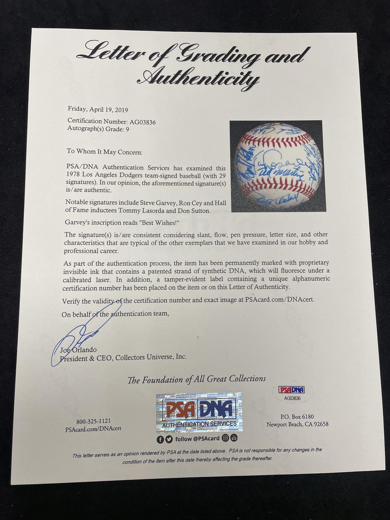A 1978 Los Angeles Dodgers Team Signed Autograph Baseball (PSA Letter of Authenticity)