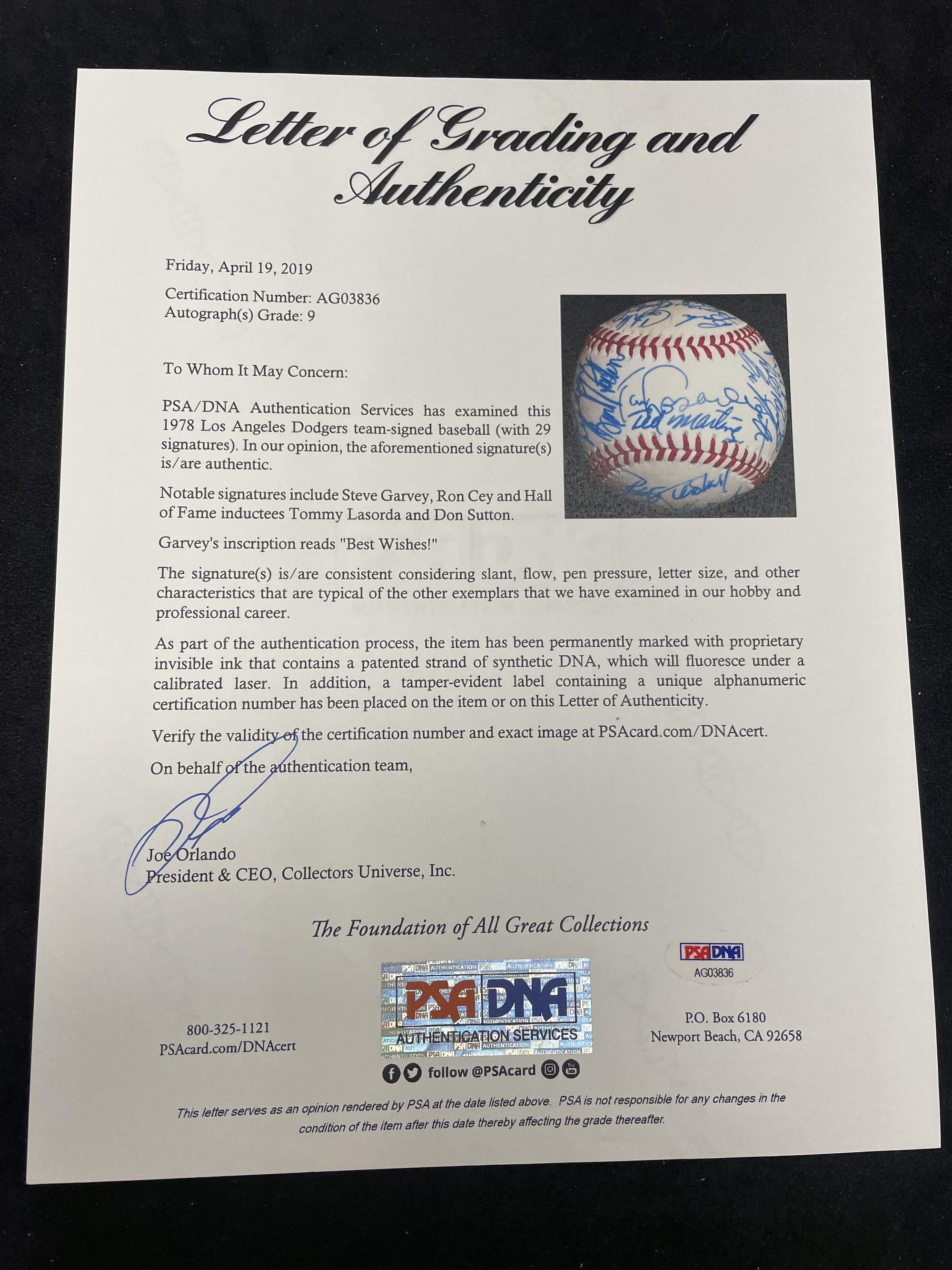 A 1978 Los Angeles Dodgers Team Signed Autograph Baseball (PSA Letter of Authenticity)