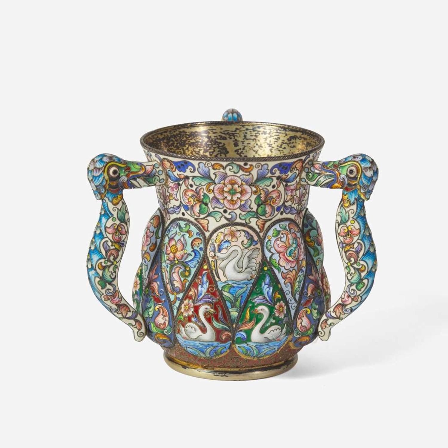 A Russian silver-gilt and shaded enamel three-handled cup Partially obscured hallmarks likely for Feodor Rückert, Moscow, 1896-1908