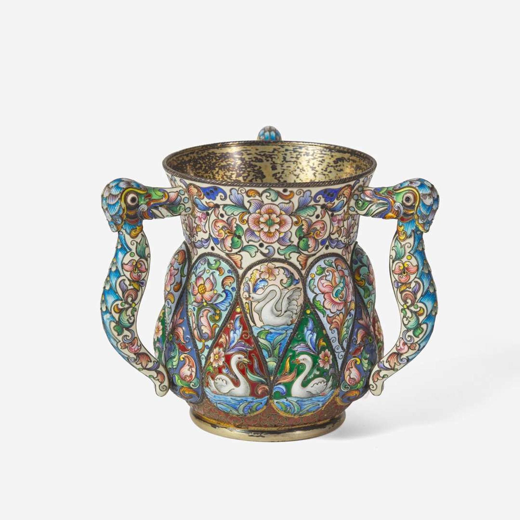 A Russian silver-gilt and shaded enamel three-handled cup Partially obscured hallmarks likely for Feodor Rückert, Moscow, 1896-1908