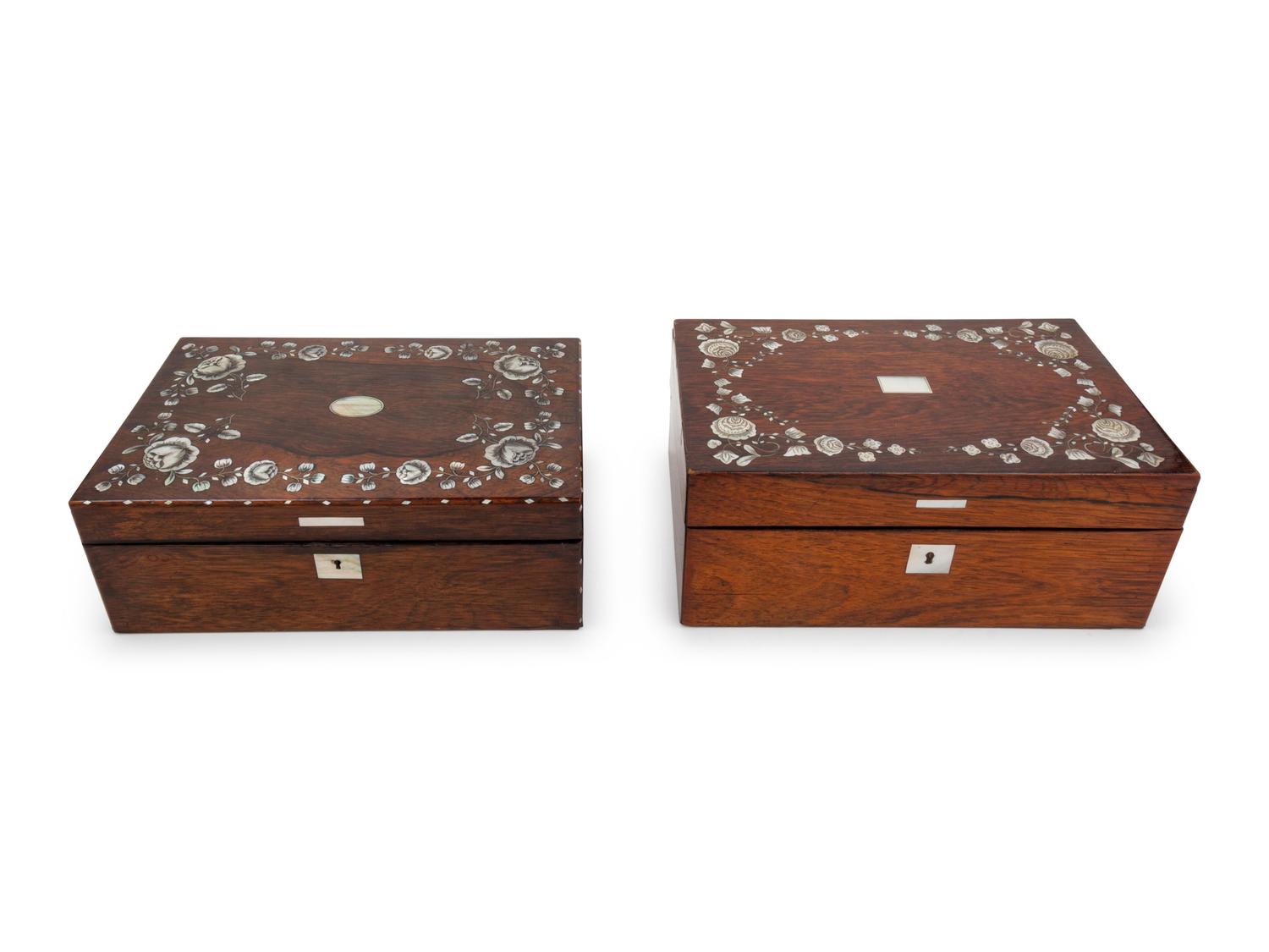 A Near Pair of English Mother-of-Pearl Inlaid Rosewood Boxes