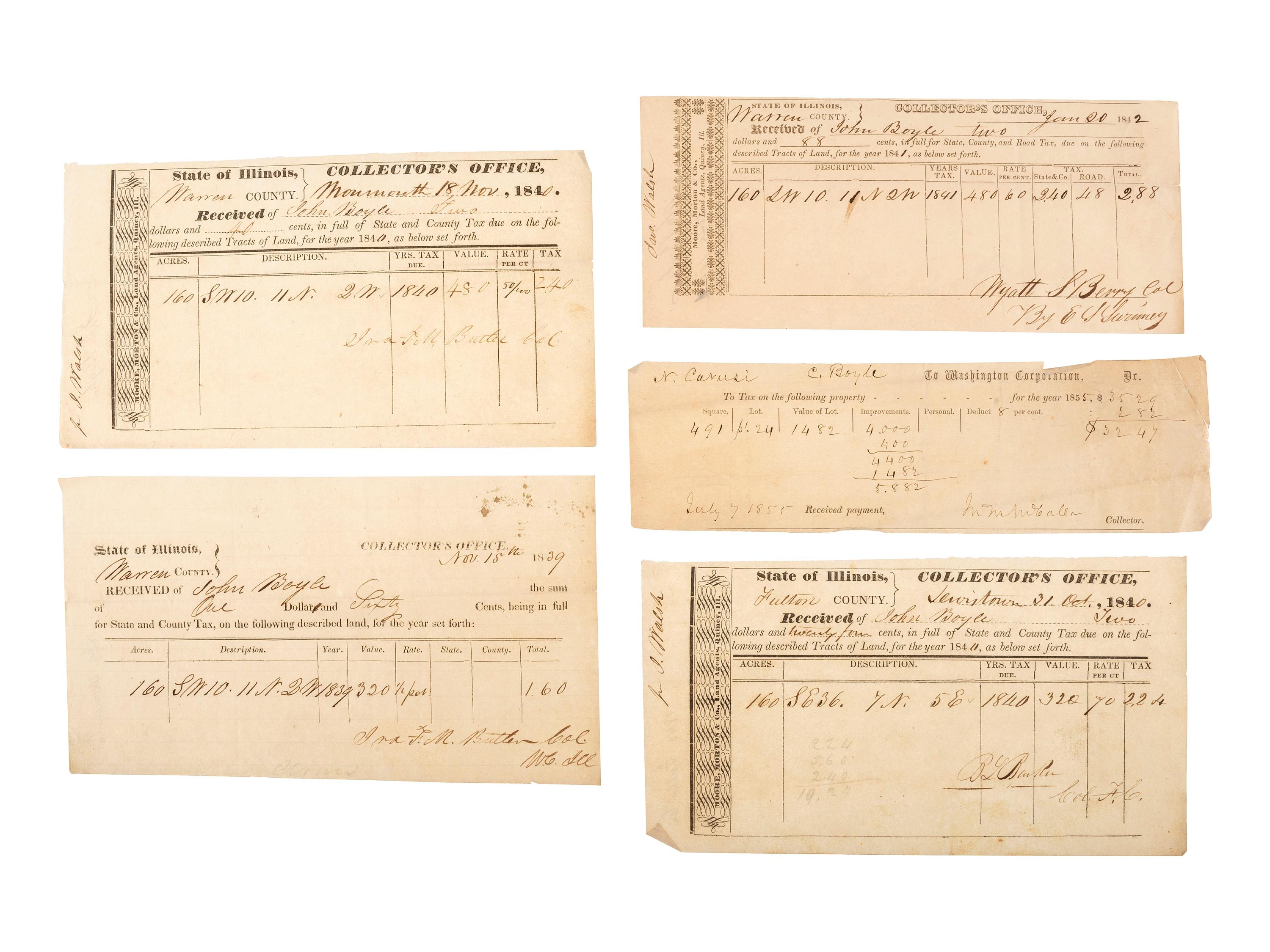 [ILLINOIS] -- [BOYLE, John (1777-1849)]. Archive of correspondence and documents related to the land holdings of speculator, businessman, and Secretary of the Navy John Boyle.