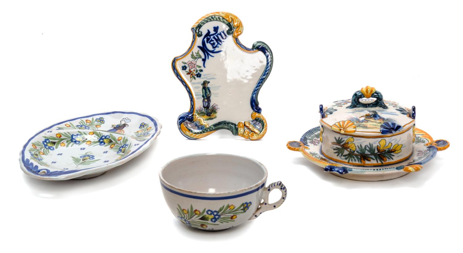 A Group of Five Quimper Pottery Articles Height of holy water font 11 inches.