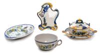 A Group of Five Quimper Pottery Articles Height of holy water font 11 inches.