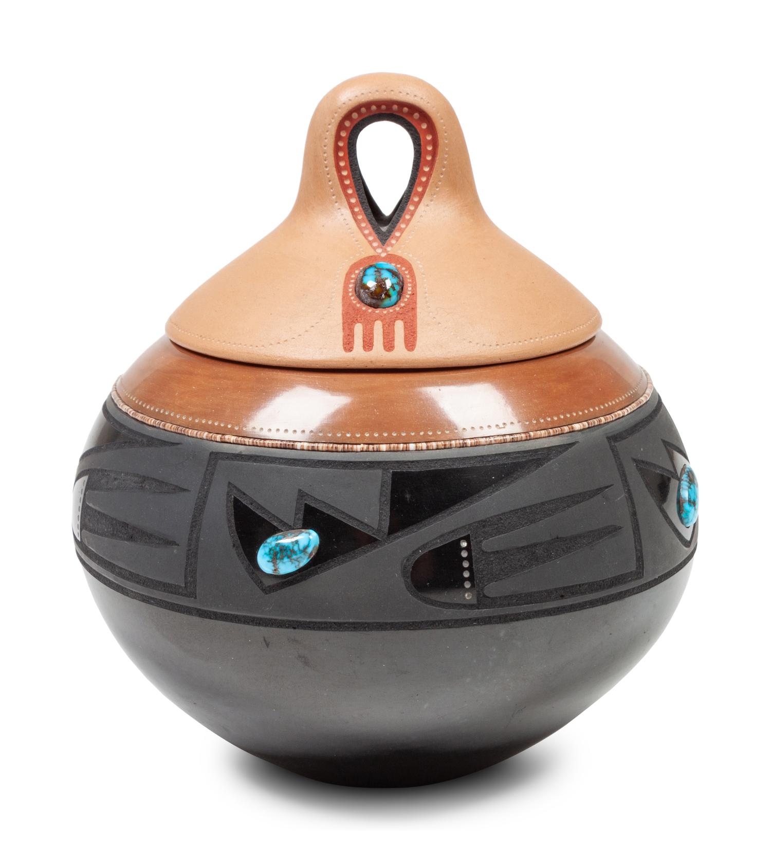 Black and Sienna Lidded Jar, with Turquoise Cabochons