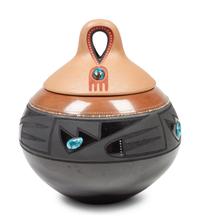 Black and Sienna Lidded Jar, with Turquoise Cabochons