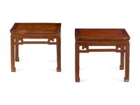 A Pair of Chinese Hardwood Square Waisted Corner-Leg Stools, Fangdeng
