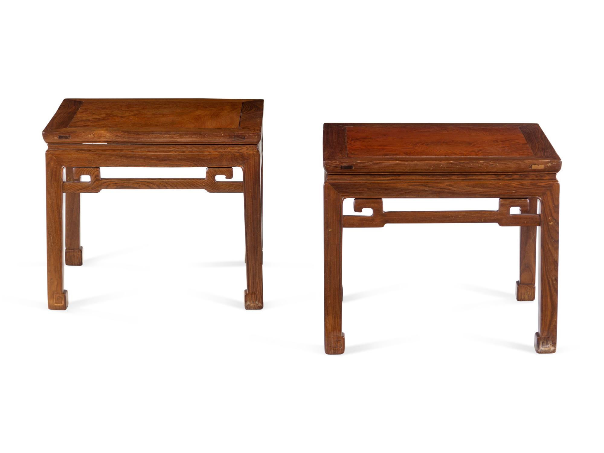 A Pair of Chinese Hardwood Square Waisted Corner-Leg Stools, Fangdeng