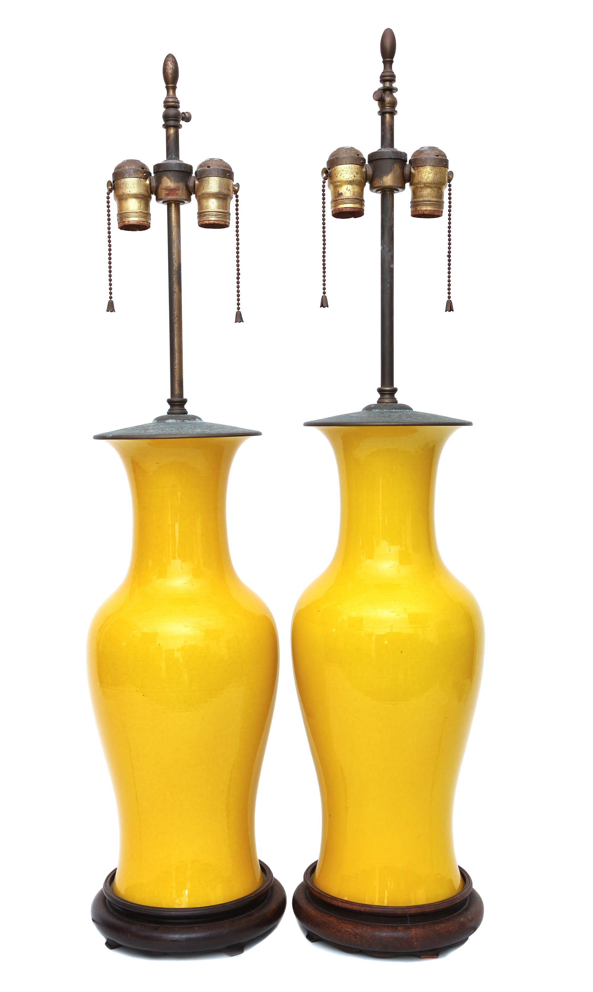 A Pair of Chinese Export Yellow Glaze Baluster Vases Height overall 33 1/2 inches. — 20TH CENTURY