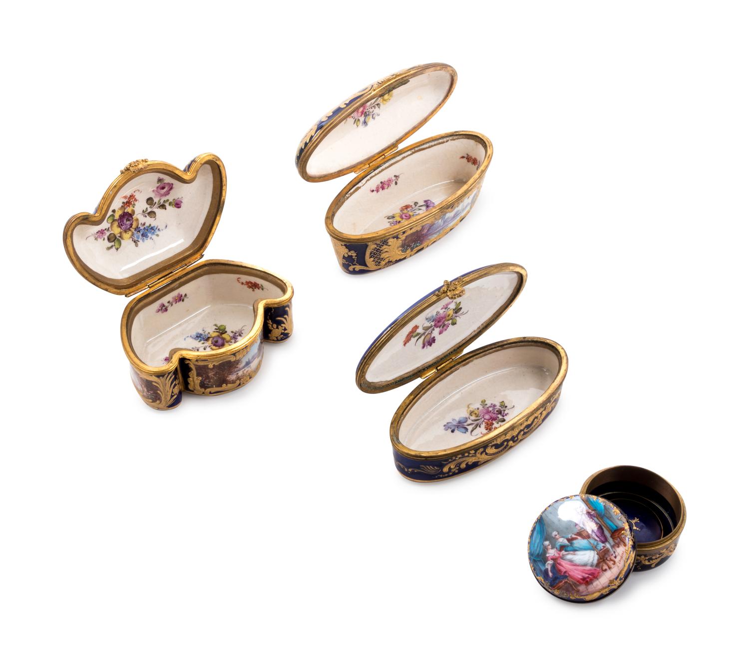 Four Sèvres Style Gilt Metal Mounted Painted and Parcel Gilt Porcelain Boxes