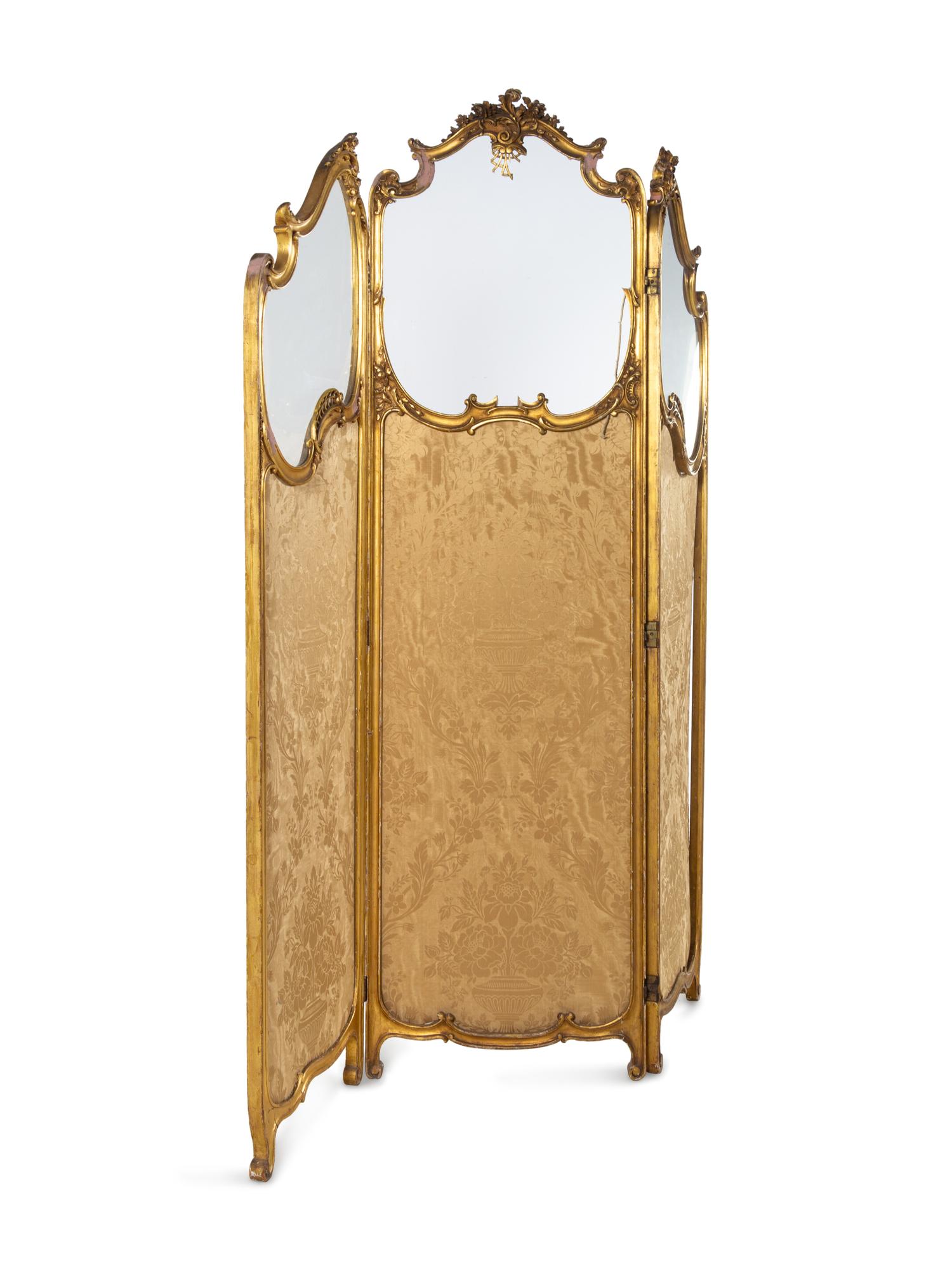 A Louis XV Style Giltwood Three-Panel Floor Screen
