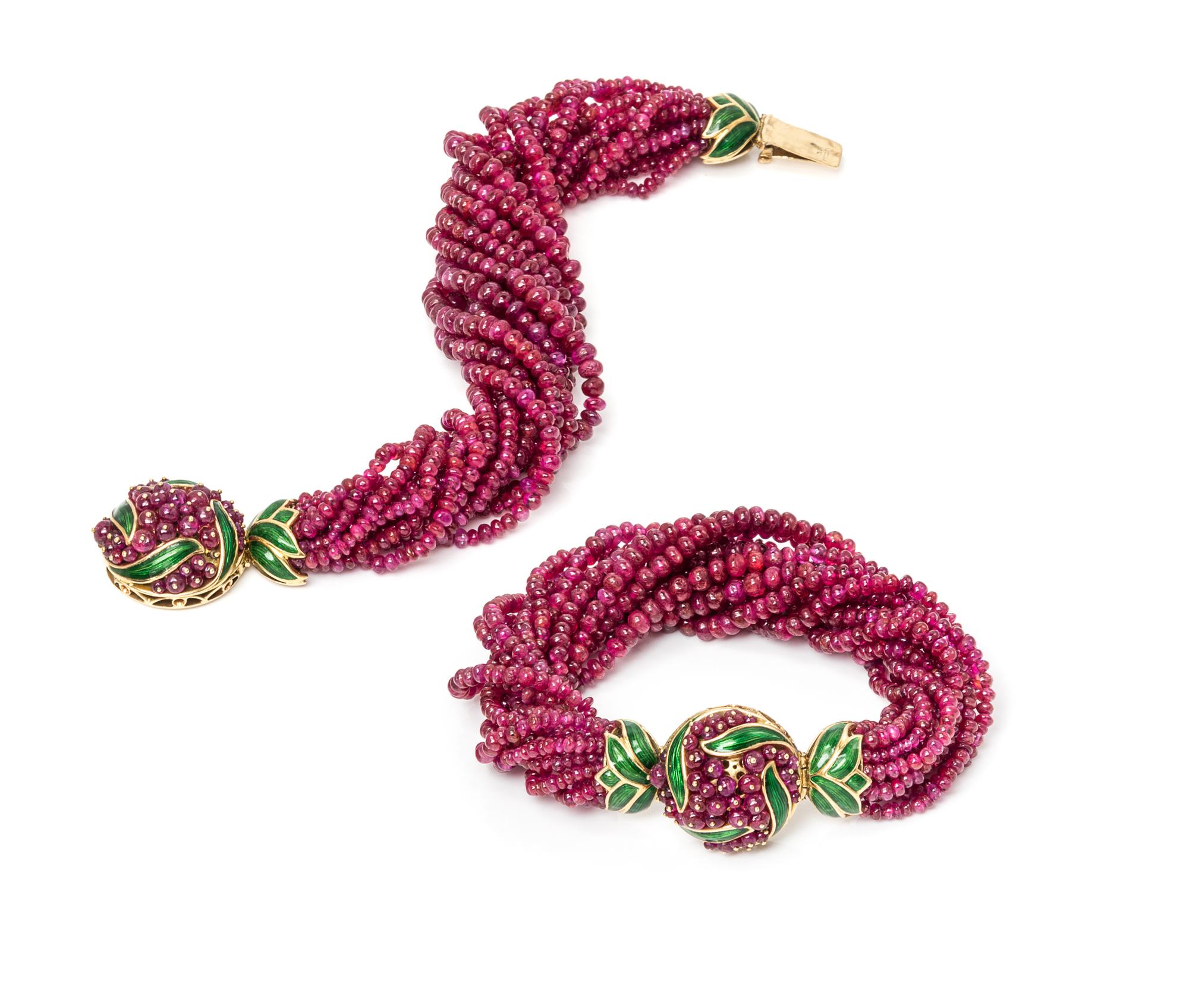 A Pair of 18 Karat Yellow Gold, Enamel and Ruby Bead Convertible Bracelets/Necklace, Verdura, 114.20 dwts.