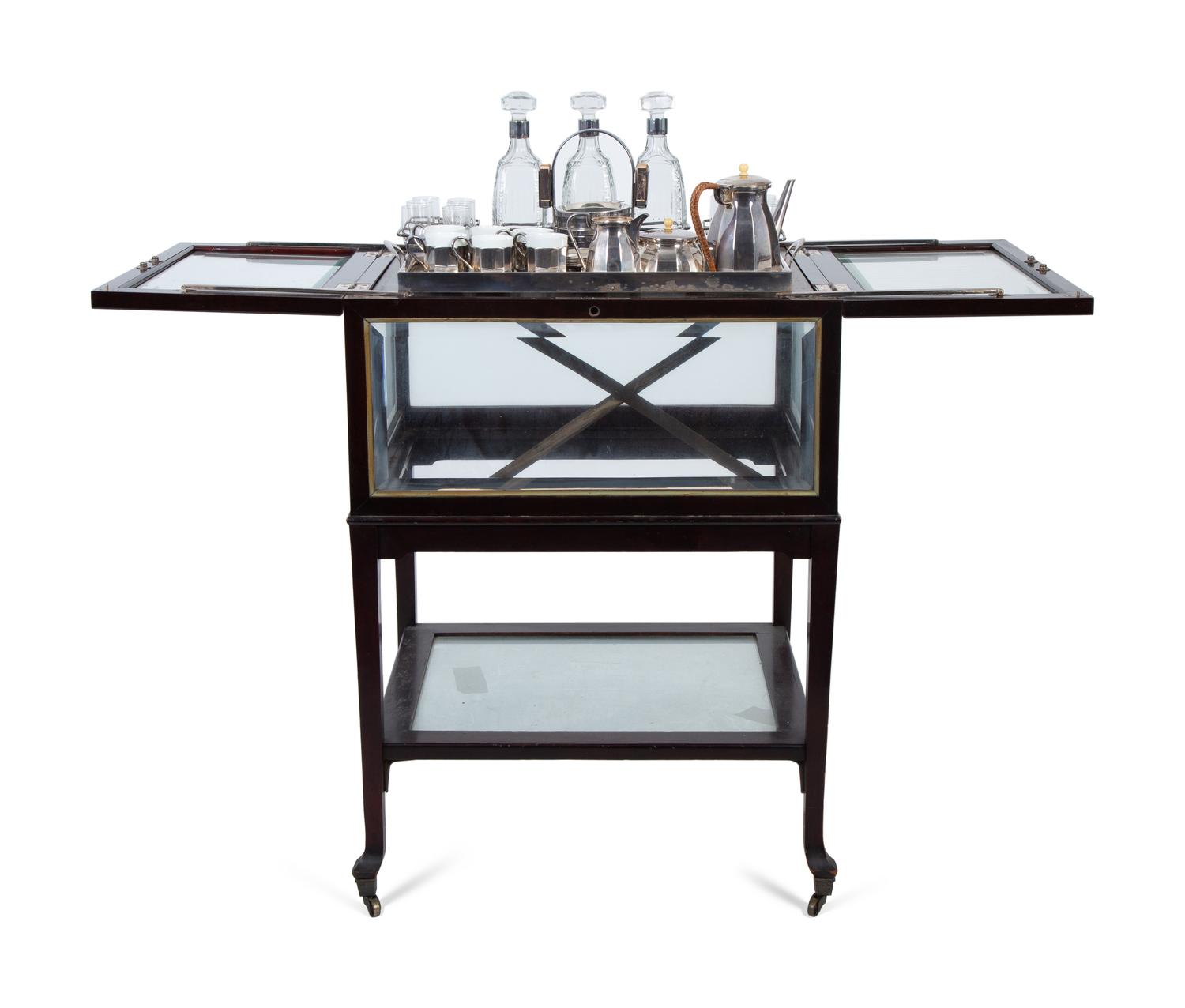 A Regency Revival Fruitwood, Silvered Metal and Glazed Pop-Up Bar Cart — 20TH CENTURY