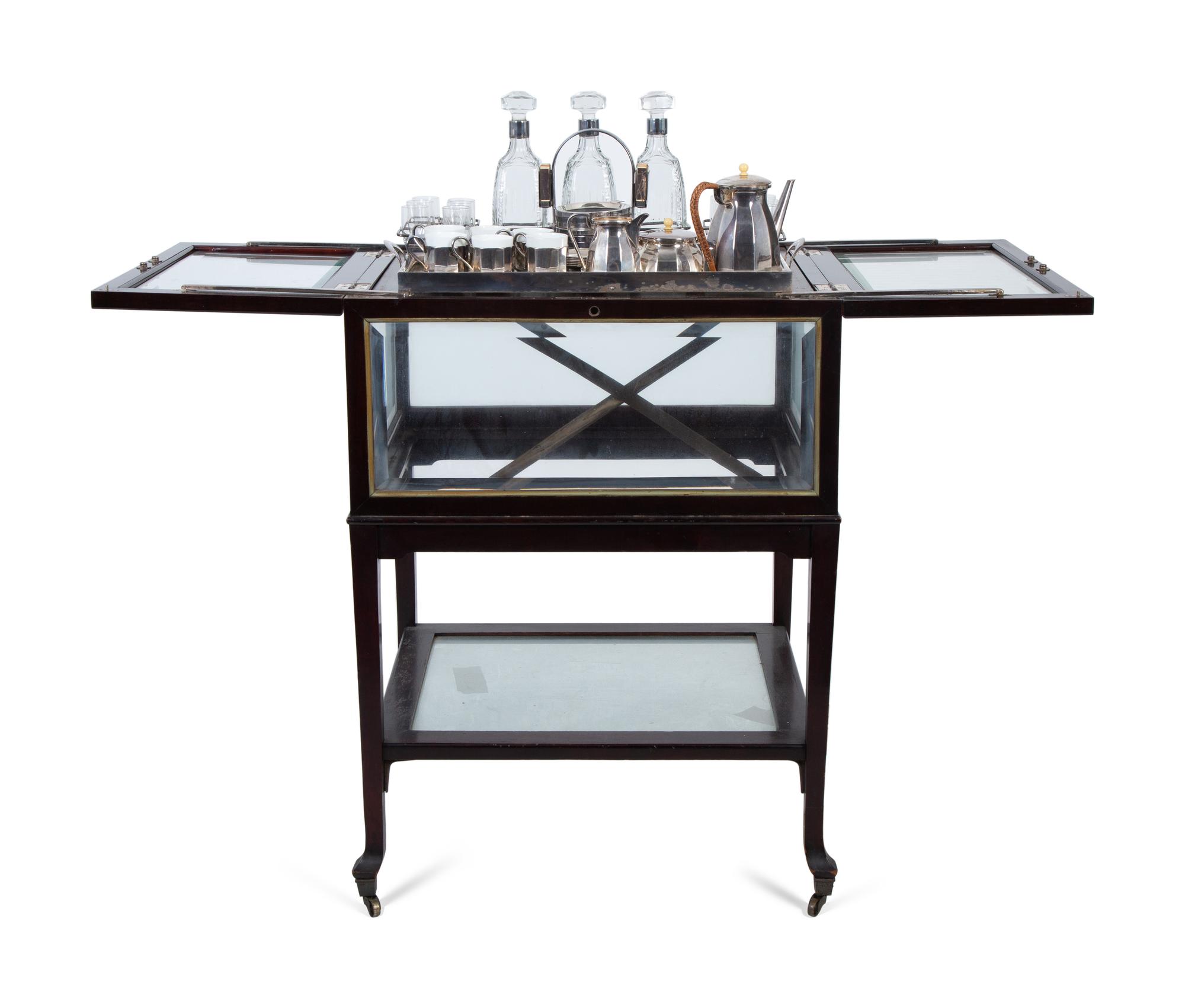 A Regency Revival Fruitwood, Silvered Metal and Glazed Pop-Up Bar Cart — 20TH CENTURY