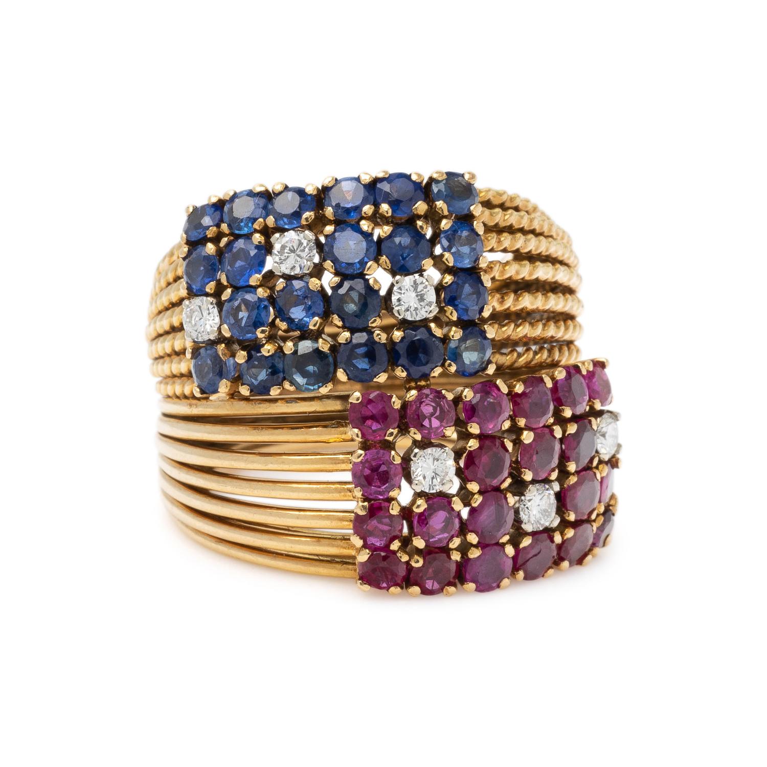 YELLOW GOLD, RUBY, SAPPHIRE AND DIAMOND RING