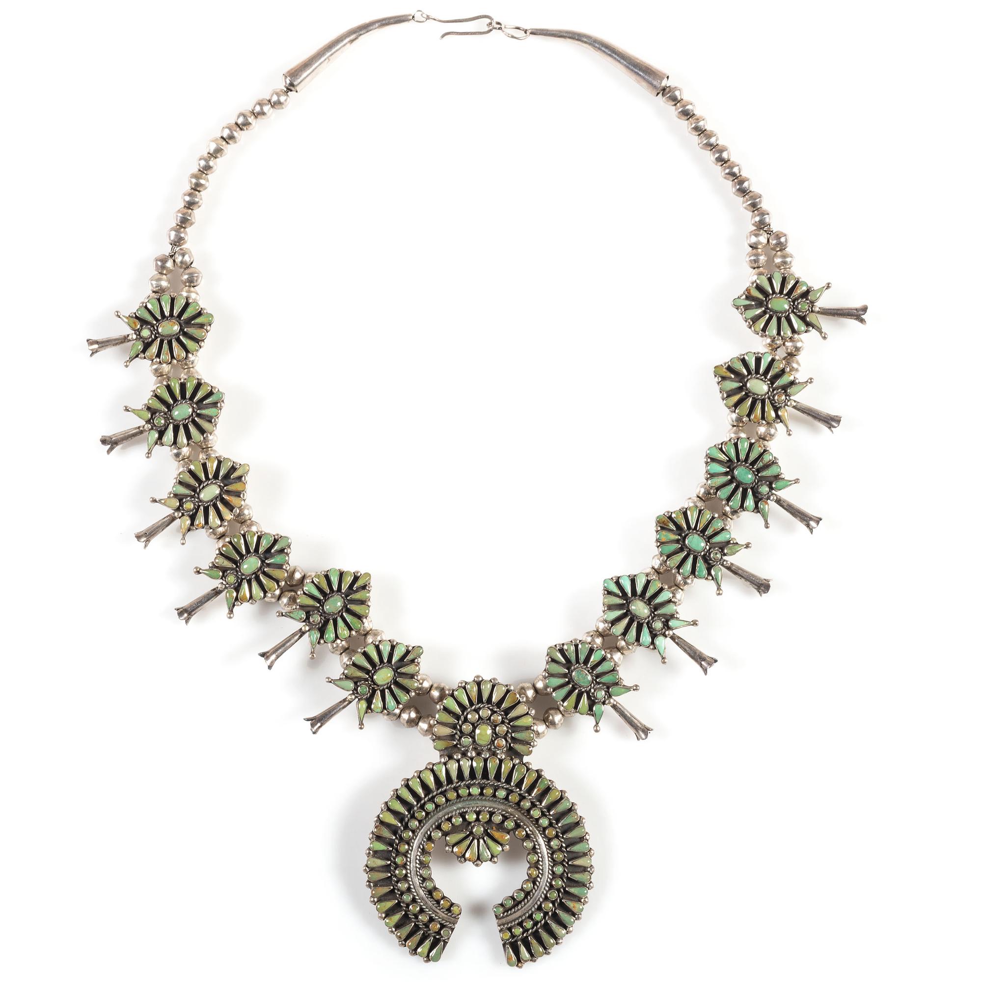 Zuni Sterling Silver and Petit Point Turquoise Squash Blossom Necklace