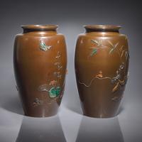 A Pair of Japanese Enameled and Mixed Metal-Inlaid Patinated Bronze Vases, Attributed to Saito, Meiji Period — 日本明治時期 高肉象嵌銅瓶一對
