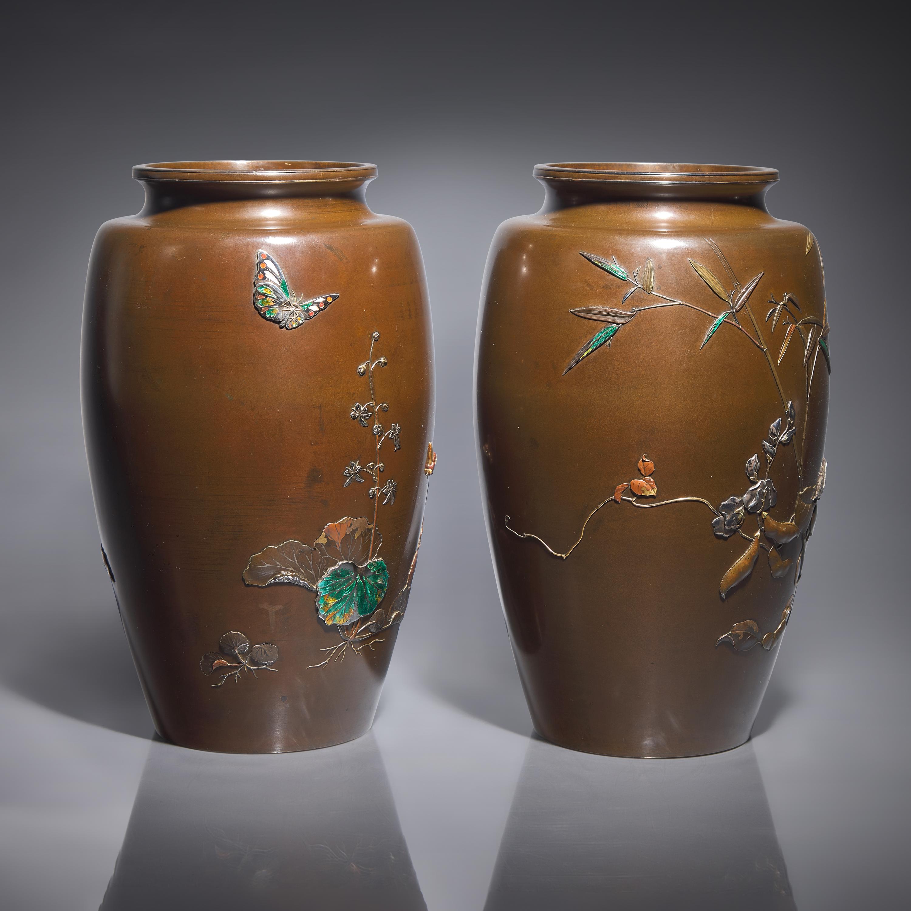 A Pair of Japanese Enameled and Mixed Metal-Inlaid Patinated Bronze Vases, Attributed to Saito, Meiji Period — 日本明治時期 高肉象嵌銅瓶一對