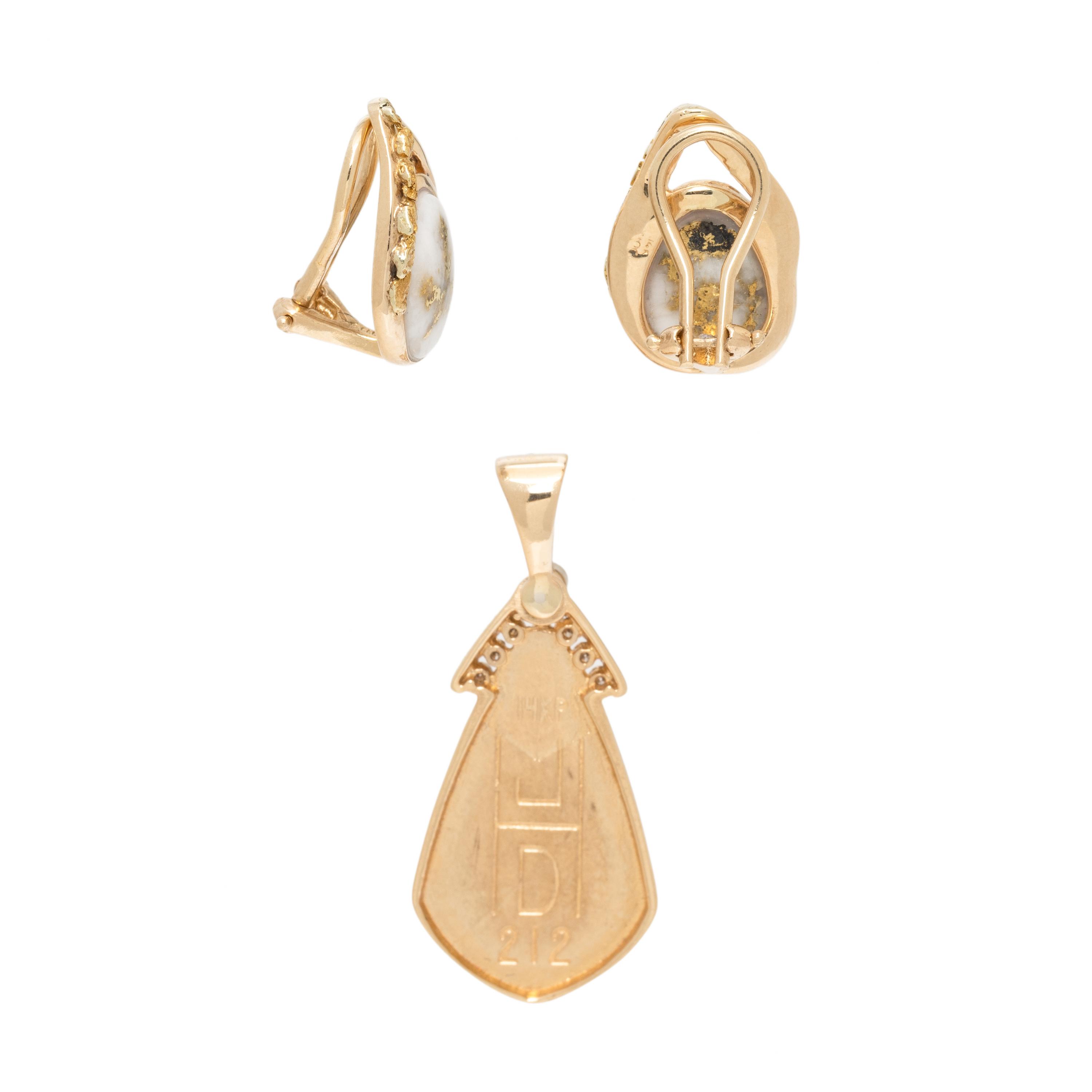 Gold-In-Quartz and Yellow Gold Earrings and Pendant