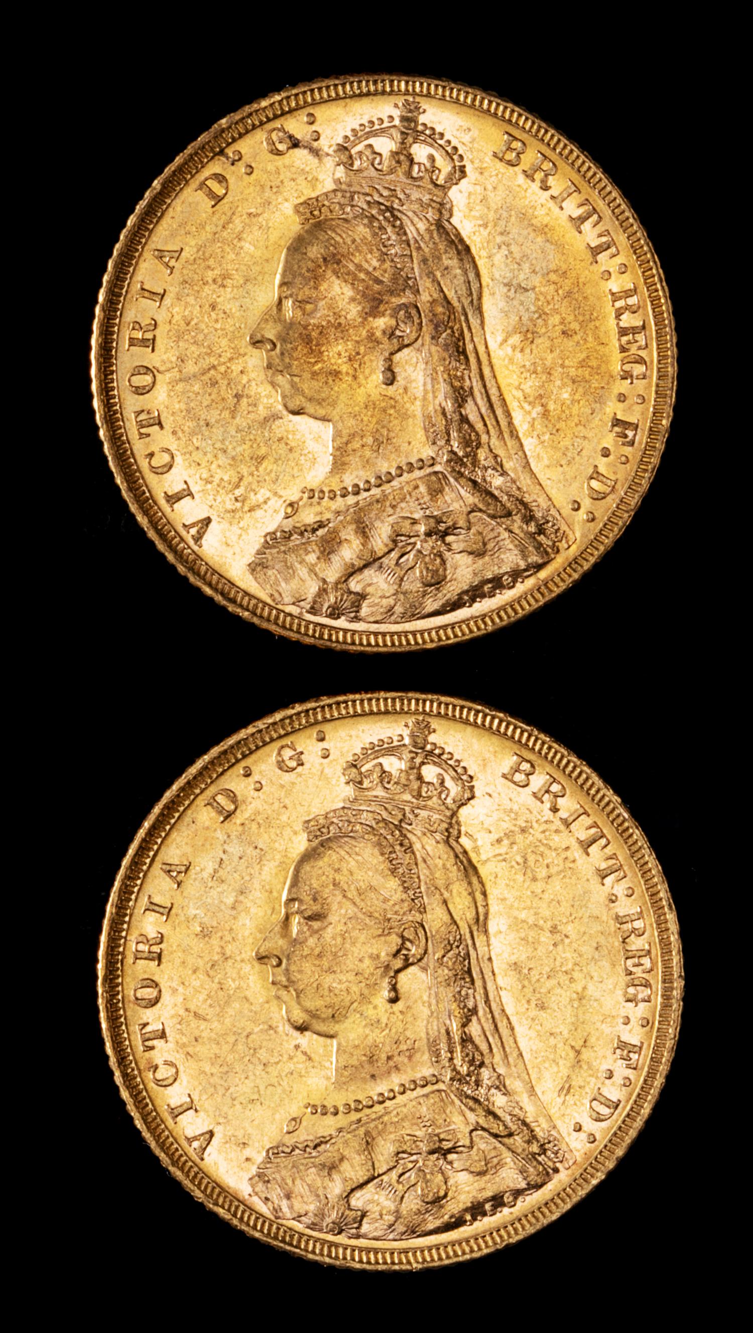 Two United Kingdom 1889-M Sovereign: Jubilee Head-Melbourne Mint Gold Coin