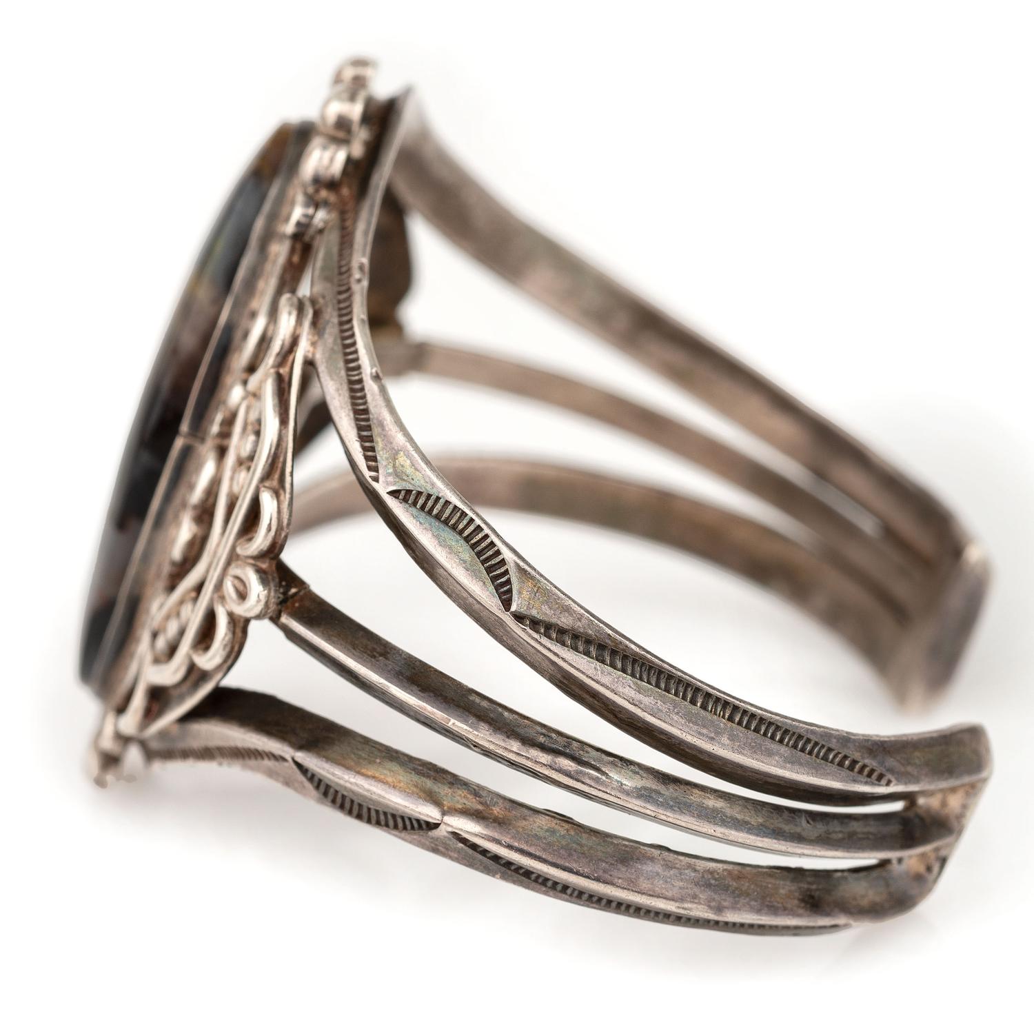 Navajo Fred Harvey Era Silver and Petrified Wood Cuff Bracelet