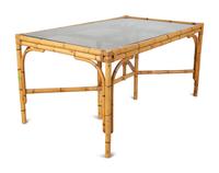 A Bamboo and Rattan Dining Set comprising a table and six chairs.