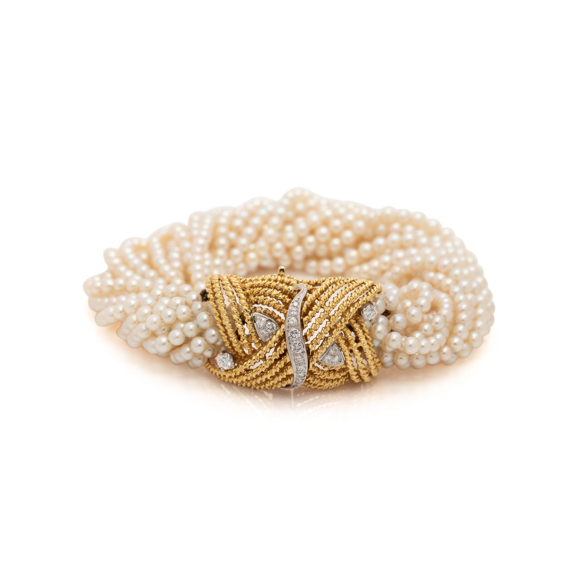 YELLOW GOLD, CULTURED PEARL AND DIAMOND BRACELET